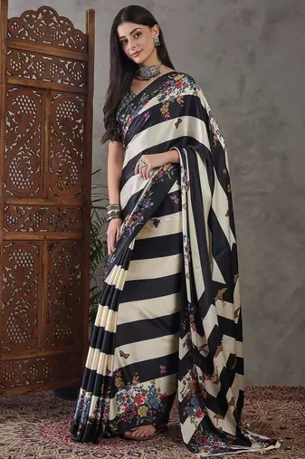 Black ready to wear silk saree with unstitched blouse