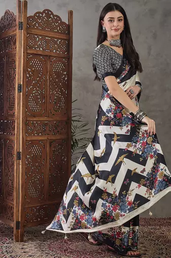 Black ready to wear silk saree with unstitched blouse