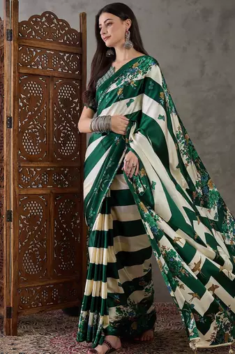 Green premium ready pleated saree with unstitched blouse