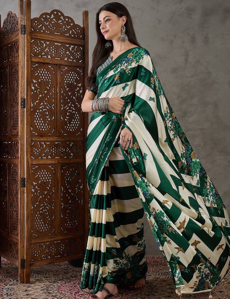Green premium ready pleated saree with unstitched blouse