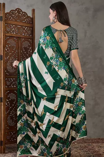 Green premium ready pleated saree with unstitched blouse