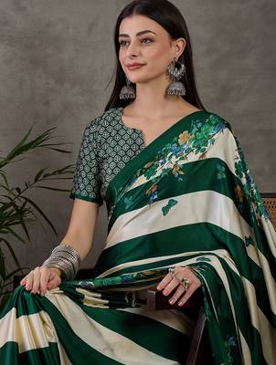 Green  ready pleated saree with unstitched blouse 4