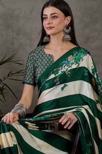 Green premium ready pleated saree with unstitched blouse