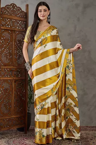 Yellow wedding wear ready to wear saree with blouse piece