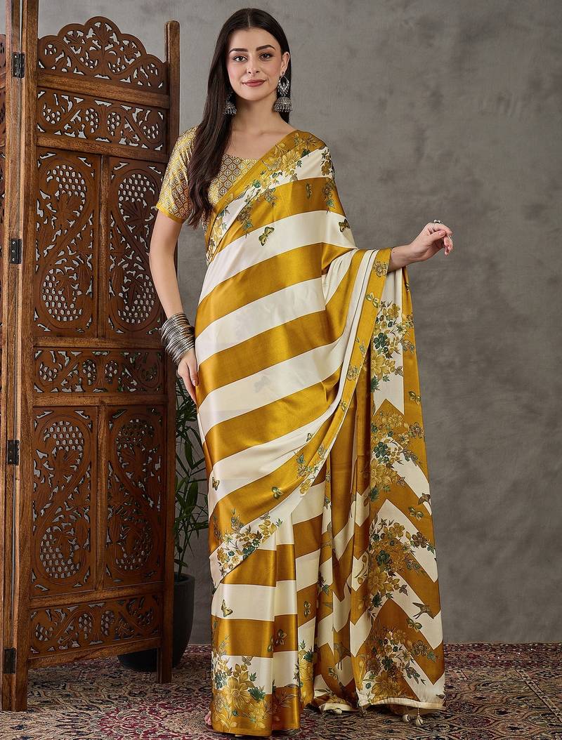 Yellow wedding wear ready to wear saree with blouse piece