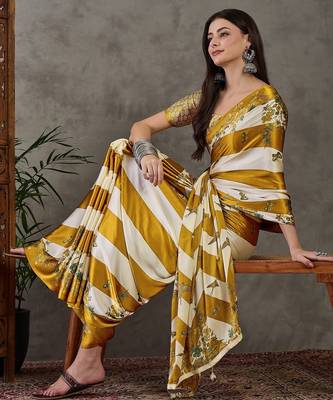 Yellow wedding wear ready to wear saree with blouse piece 3
