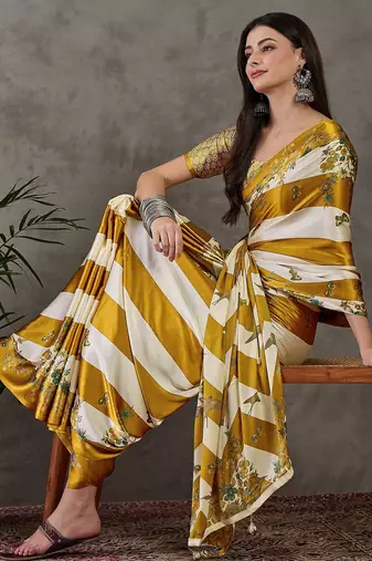 Yellow wedding wear ready to wear saree with blouse piece