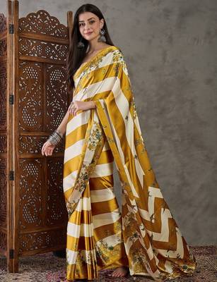 Yellow wedding wear ready to wear saree with blouse piece 4