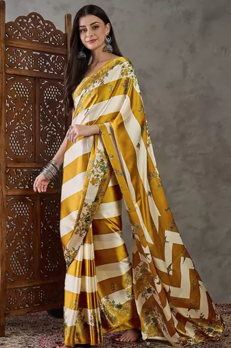 Yellow wedding wear ready to wear saree with blouse piece
