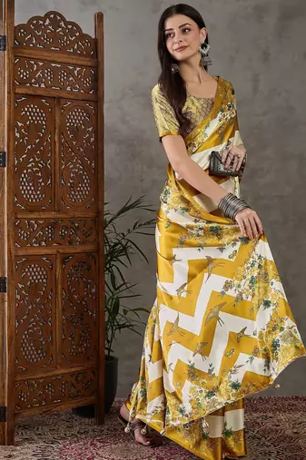Yellow wedding wear ready to wear saree with blouse piece