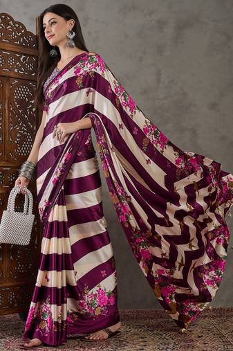 Wine traditional ready made saree with unstitched blouse