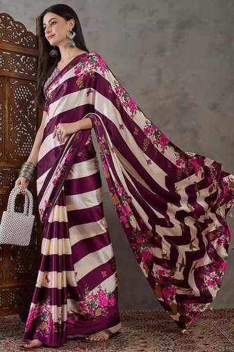 Wine traditional ready made saree with unstitched blouse