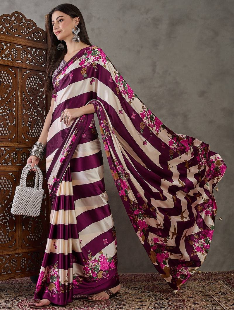 Wine traditional ready made saree with unstitched blouse