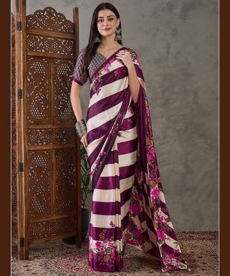Wine traditional ready made saree with unstitched blouse 2