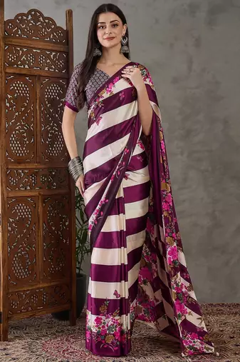 Wine traditional ready made saree with unstitched blouse