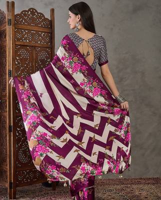 Wine traditional ready made saree with unstitched blouse 3