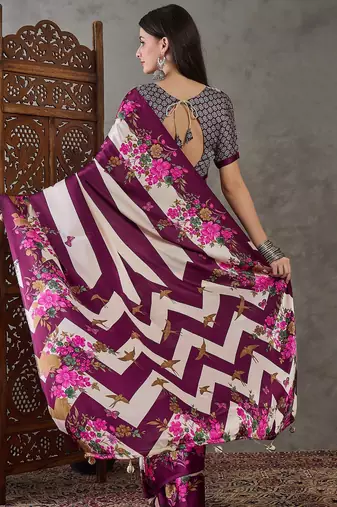 Wine traditional ready made saree with unstitched blouse