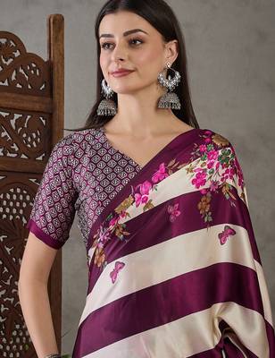 Wine traditional ready made saree with unstitched blouse 5