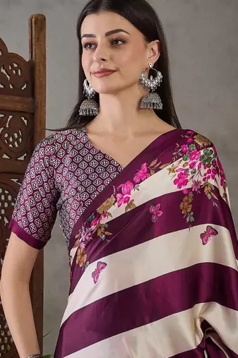 Wine traditional ready made saree with unstitched blouse