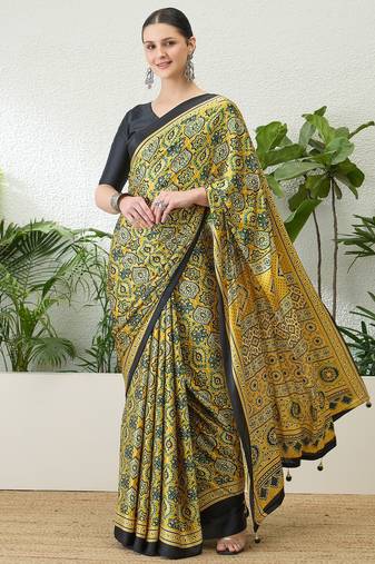 Yellow georgette ready to wear saree with blouse fabric