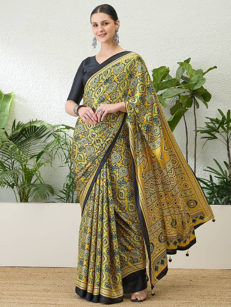 Yellow georgette ready to wear saree with blouse fabric