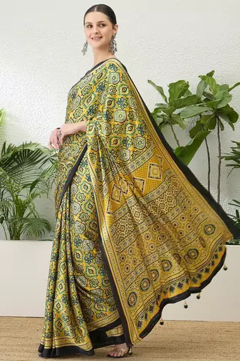 Yellow georgette ready to wear saree with blouse fabric