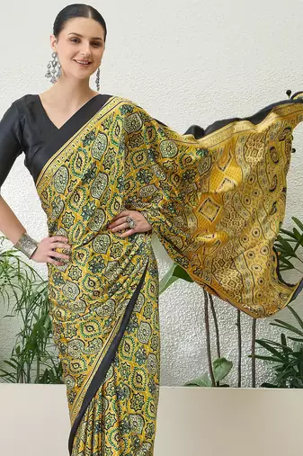 Yellow georgette ready to wear saree with blouse fabric