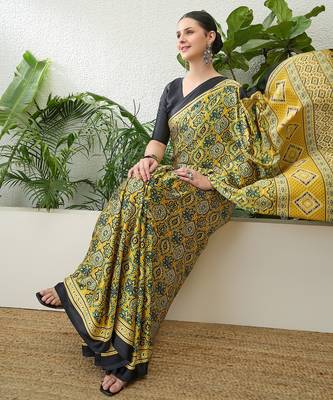 Yellow georgette ready to wear saree with blouse fabric 4