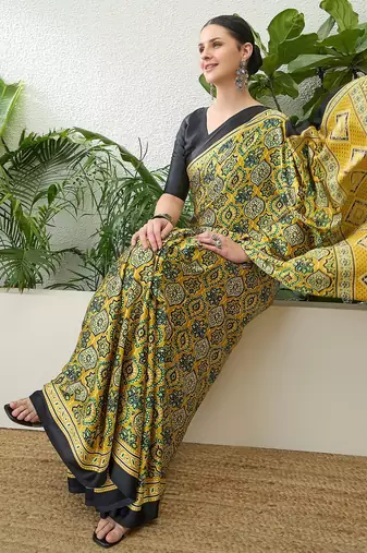 Yellow georgette ready to wear saree with blouse fabric