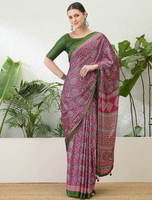 Pink lightweight ready wear saree with unstitched blouse 1