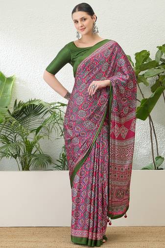 Pink lightweight ready wear saree with unstitched blouse