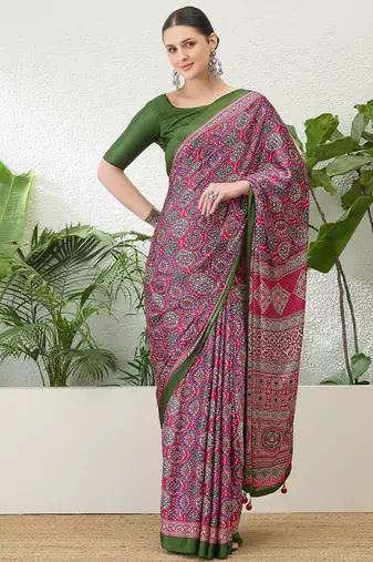 Pink lightweight ready wear saree with unstitched blouse