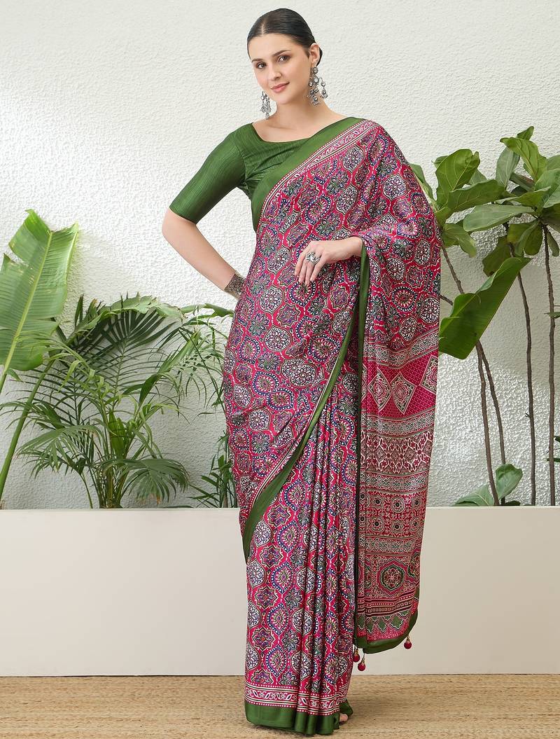 Pink lightweight ready wear saree with unstitched blouse