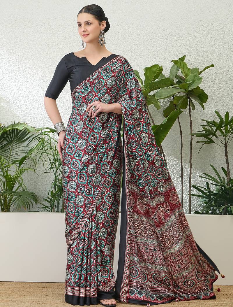 Red ethnic ready made saree with matching blouse