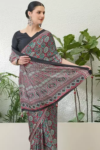 Red ethnic ready made saree with matching blouse