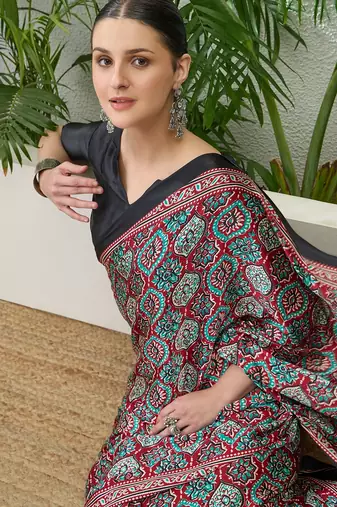 Red ethnic ready made saree with matching blouse