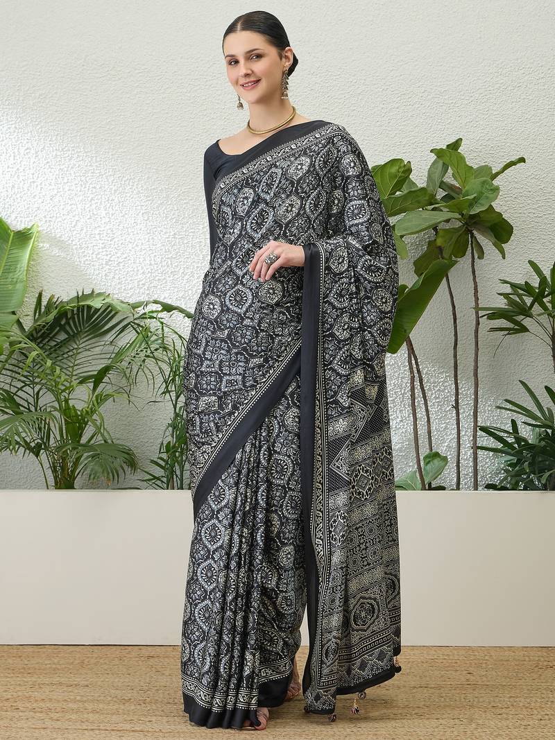 Black fancy ready to wear saree with blouse piece