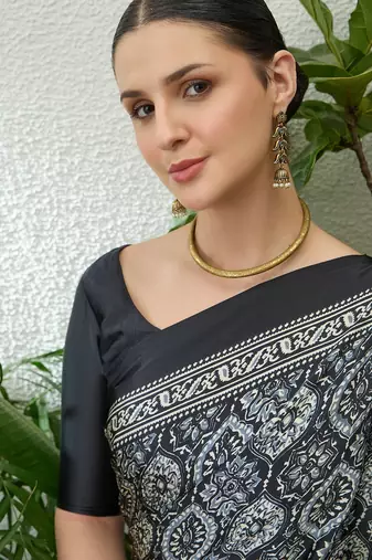 Black fancy ready to wear saree with blouse piece