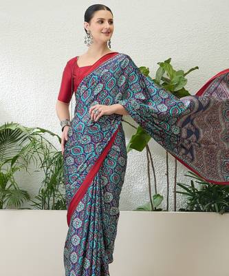 Blue trendy ready pleated saree for party wear 2