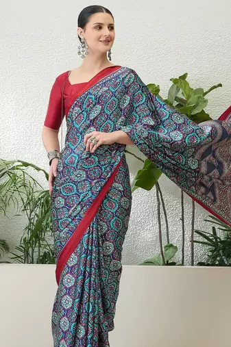 Blue trendy ready pleated saree for party wear