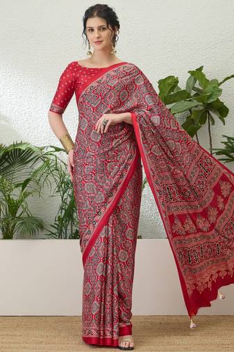 Red latest ready to wear saree with unstitched blouse