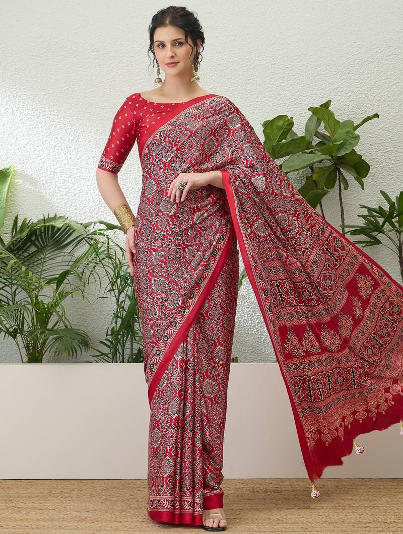 Red latest ready to wear saree with unstitched blouse