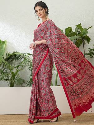 Red latest ready to wear saree with unstitched blouse 2