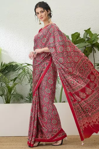 Red latest ready to wear saree with unstitched blouse