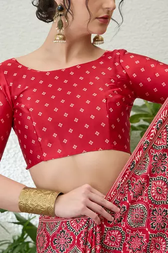 Red latest ready to wear saree with unstitched blouse