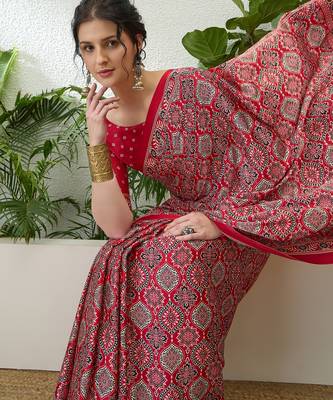 Red latest ready to wear saree with unstitched blouse 5