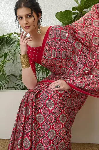Red latest ready to wear saree with unstitched blouse