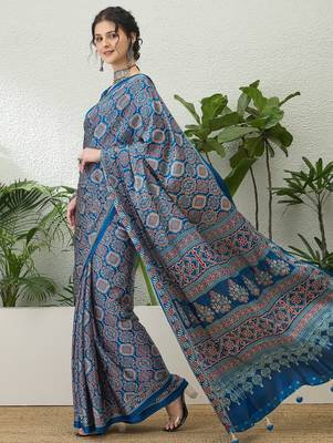 Blue printed ready to wear saree with unstitched blouse 1