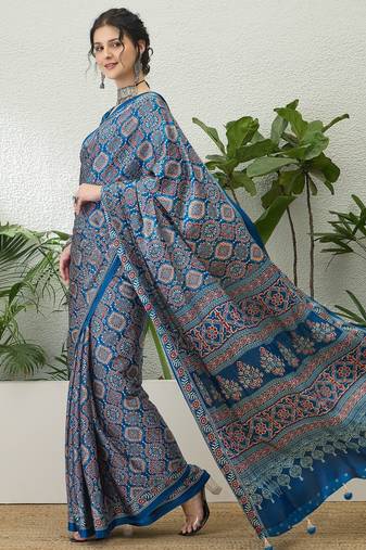 Blue printed ready to wear saree with unstitched blouse