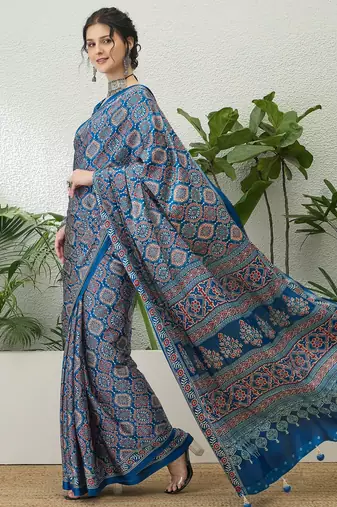 Blue printed ready to wear saree with unstitched blouse